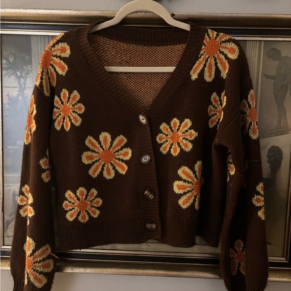 Sweaters - Brown Floral Button-Up Sweater